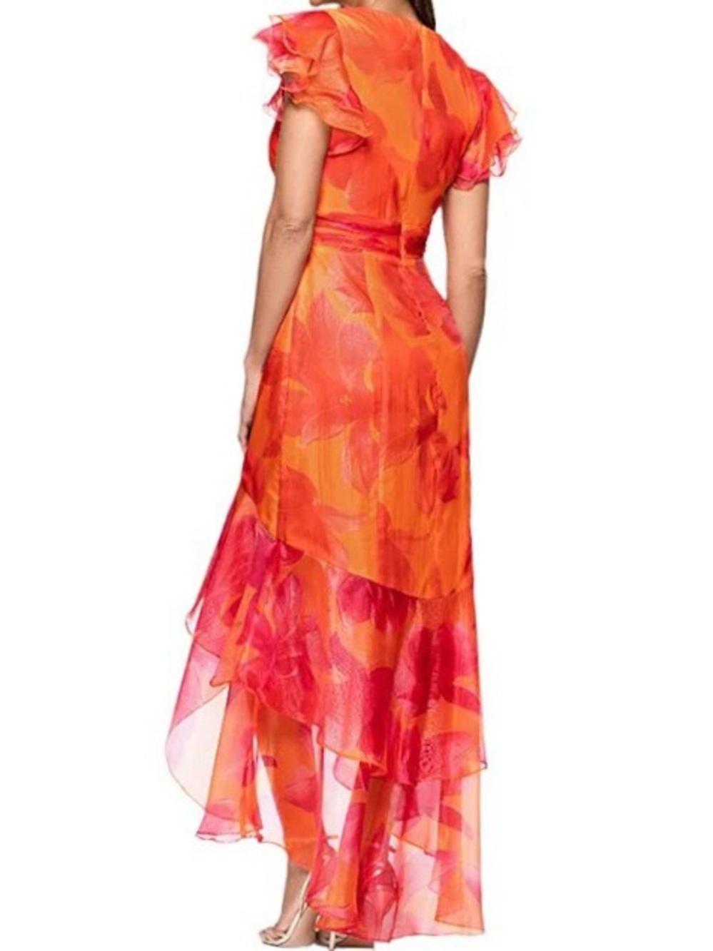 Xscape Organza Floral V-Neck Short Sleeve Ruffle A-Line Midi Dress Pink Orange - Picture 2 of 7